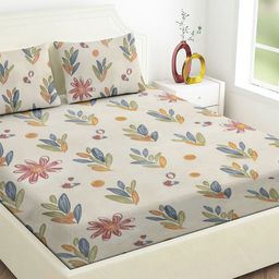 Star Weaves Cream-Coloured & Blue Floral 350 TC King Bedsheet with 2 Pillow Covers-image-87