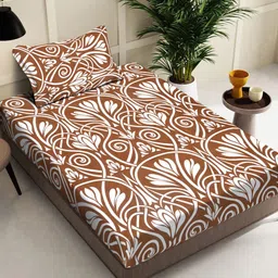 FABINALIV Brown & White Floral Printed 300 TC Single Bedsheet With 1 Pillow Cover-picture-26