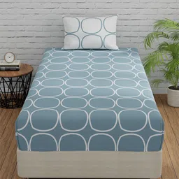 Huesland Blue & White Geometric Cotton 144 TC Single Bedsheet With 2 Pillow Covers-image-92
