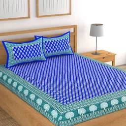 Lali Prints Blue & Green Printed Cotton 130 TC Queen Bedsheet With 2 Pillow Covers-image-26