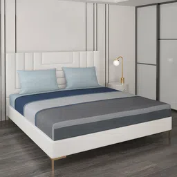 Monte Carlo Black & Blue Striped Cotton 200 TC Queen Bedsheet With 2 Pillow Covers-image-85