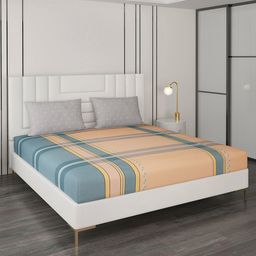 Monte Carlo Brown & Blue Striped Cotton 200 TC Queen Bedsheet with 2 Pillow Covers-image-57