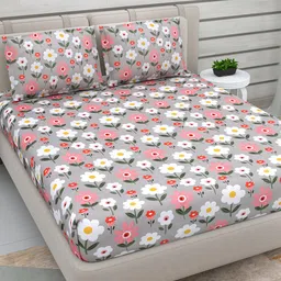 DREAM WEAVERZ Grey & Pink 220 TC Cotton Double Queen Bedsheet with 2 Pillow Covers-image-26