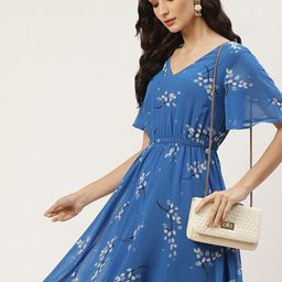 DressBerry Blue Floral Printed V-Neck Flared Sleeve Georgette Fit & Flare Midi Dress-image-57