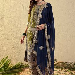 SERONA FABRICS Floral Embroidered Regular Sequinned Georgette Kurta With Palazzo & Dupatta-image-2