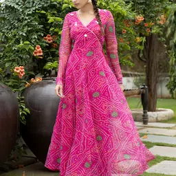 Ragavi Women Pink Ethnic Motifs Printed long sleeve Georgette Anarkali Kurta-image-93