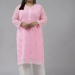 ADA Women Pink Ethnic Motifs Plus Size Chikankari Georgette Kurta with Slip-picture-0
