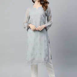 ADA Women Grey Ethnic Motifs Embroidered Chikankari Georgette Handloom Kurta With Matching Slip-38