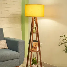 Crosscut Yellow & Brown Wooden Cylinder Shaped Floor Lamp With Shelves-43