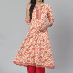 anayna Women Cream-Coloured & Orange Printed Feeding Maternity A-Line Kurta-47