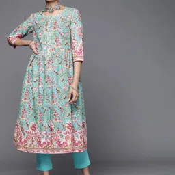 Biba Women Blue & Pink Ethnic Motifs Printed Pleated Pure Cotton Kurta with Trousers-picture-57
