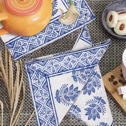 BLOCKS OF INDIA Blue & White Set Of 6 Floral Printed Pure Cotton Table Napkins-12