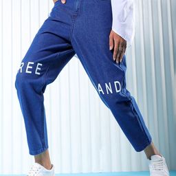 Freehand by The Indian Garage Co Women Blue Printed Pure Cotton Mom Fit Jeans-image-60