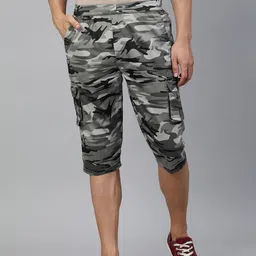 ADBUCKS Men Charcoal Grey & Black Camouflage Printed Pure Cotton 3/4th Cargo Shorts-image-27