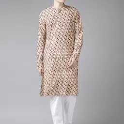 See Designs Men Beige Pure Cotton Ethnic Motifs Printed Regular Kurta with Trousers-image-58