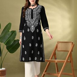 Lavantika Floral Embroidered Notch Neck Thread Work Pure Cotton Straight Kurta-picture-25