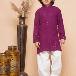 Aj DEZInES Boys Ethnic Motifs Embroidered Sequinned Pure Cotton Kurta With Salwar-image-32