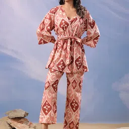 JISORA Ethnic Motifs Printed V-Neck Shoulder Straps Pure Cotton Night Suit-picture-16