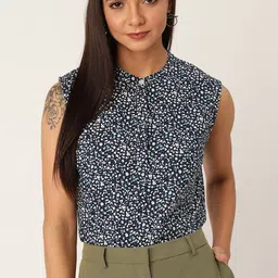 her by invictus Women Navy Blue & White Floral Print Shirt Style Pure Cotton Top-24