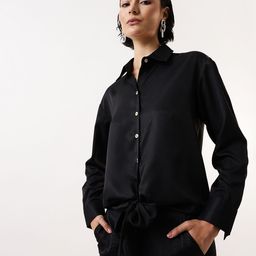 DL Woman Shirt Collar Cuffed Sleeves Tie-Ups Detail Shirt Style Top-image-76