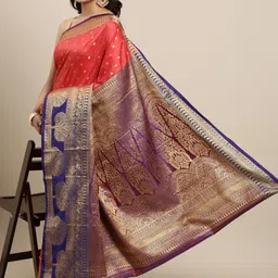 Mitera Peach-Coloured & Gold-Toned Woven Design Zari Silk Cotton Banarasi Saree-32