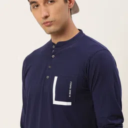 Maniac Men Navy Blue Typography Printed Henley Neck Slim Fit T-shirt-image-32