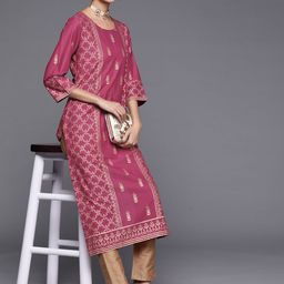 Varanga Women Magenta & Golden Ethnic Motifs Printed Pure Cotton Kurta-image-18