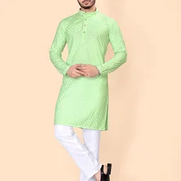 PulseIQ Geometric Embroidered Sequinned Band Collar Straight Kurta with Pyjamas-image-80