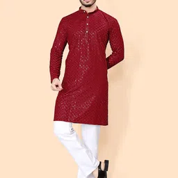 PulseIQ Geometric Embroidered Sequinned Band Collar Straight Kurta with Pyjamas-image-78