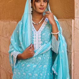 Indo Era Floral Embroidered Thread Work Pure Cotton Straight Kurta With Trousers & Dupatta-picture-42