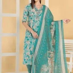 Anouk Floral Printed V-Neck Pure Cotton Thread Work Straight Kurta With Trousers & Dupatta-44