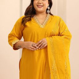 EXTRA LOVE BY LIBAS Plus Size Yoke Design Sequinned Straight Kurta With Trousers & Dupatta-image-11