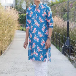 SHIWAM ETHNIX Floral Printed Mandarin Collar Cotton Straight Kurta-image-85