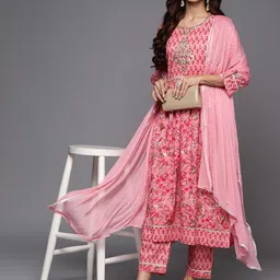 Varanga Pink Floral Printed Pure Cotton Kurta with Trousers & With Dupatta-picture-30
