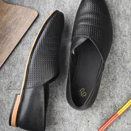 House of Pataudi Men Black Textured Ethnic Slip-Ons with Cut Work Detail-24