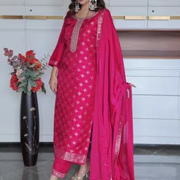 Libas Ethnic Motifs Embroidered Sequinned Straight Kurta With Trousers & Dupatta-image-4