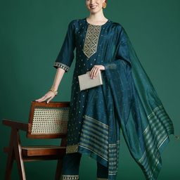 Indo Era Women Embroidered Regular Sequinned Chanderi Silk Kurta with Trousers & With Dupatta-image-77