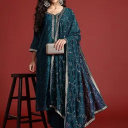 Indo Era Floral Embroidered Sequinned Kurta With Trousers & Dupatta-29