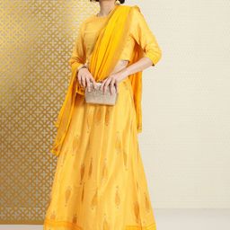 House of Pataudi Women Yellow Ethnic Motifs Blouse with Skirt & With Dupatta-image-55