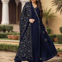 AHIKA Floral Embroidered Angrakha Kurta with Trousers & Dupatta-picture-13
