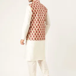 SOJANYA Men Off-White & Red Solid Kurta Set with Nehru Jacket image 4