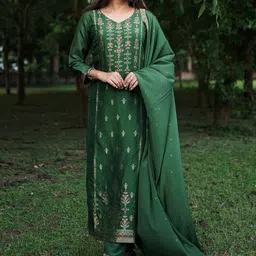 Libas Women Green & Gold Zari Woven Design Straight Kurta with Trousers & With Dupatta-picture-8