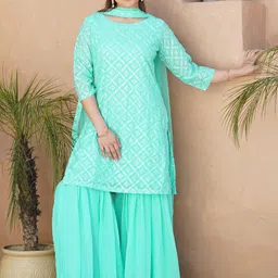 Libas Women Ethnic Motifs Embroidered Regular Sequinned Kurta with Sharara & With Dupatta-picture-31