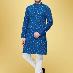 SHIWAM ETHNIX Mandarin Collar Quirky Block Printed Cotton Straight Kurta-image-97