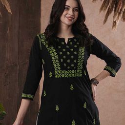 ADA Women Black & Green Chikankari Embroidered Pure Cotton Straight Sustainable Handloom Kurti-image-96