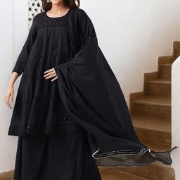 Ishin Ethnic Motifs Embroidered Pure Cotton A-Line Kurta With Palazzo & Dupatta-picture-20
