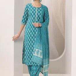 Libas Teal Blue Floral Printed Round Neck Straight Kurta With Salwar & Dupatta-picture-44