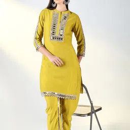 SHOWOFF Geometric Yoke Design Mirror Work Straight Kurta With Dhoti Pants-1
