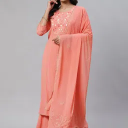 AHIKA Women Peach-Coloured Yoke Design Pure Cotton Kurta with Palazzos & Dupatta-image-65