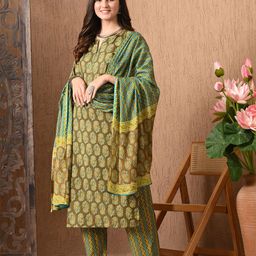 Lavantika Women Floral Printed Regular Pure Cotton Kurta with Trousers & With Dupatta-image-69